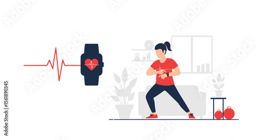 Woman Exercising With Smartwatch Tracking Heart Rate For Fitness Monitoring At Home