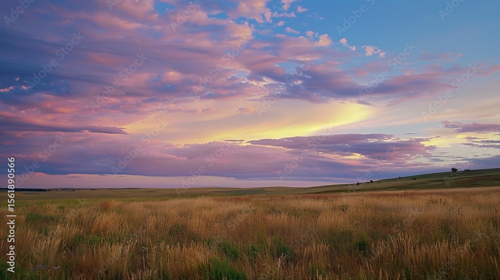 Fototapeta premium Vibrant Twilight Meadow with Wildflowers Under Gradient Magenta Sky, Expansive Open Field Landscape Featuring Golden Horizon Glow and Distant Tree Silhouettes, Empty Space