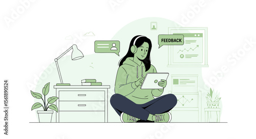 Young Woman Working From Home Using Tablet Getting Feedback Online