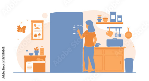 Woman Interacts With Smart Refrigerator Interface For Managing Food And Appliances