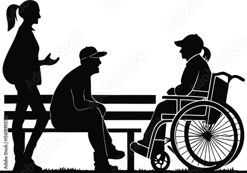 Friends talking on a bench with disabled man in wheelchair silhouette illustration