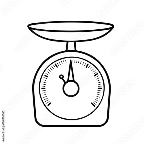 Kitchen scale with simple design in black and white. Flat illustration of a scale with a circular dial and indicators. Household item for cooking. Illustration -