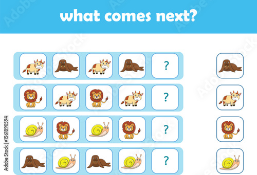 What comes next. Logical activity for preschool children with cute wild animals. Vector Illustration