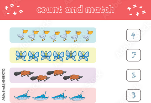 Education game for children count and match of cute wild animals. Educational game for kids. Printable worksheet. Vector Illustration
