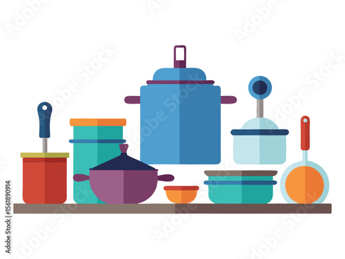 A collection of colorful kitchen pots and pans arranged on a shelf isolated on white background
