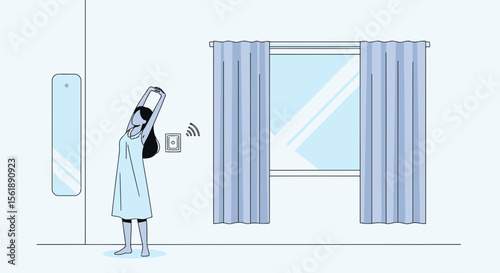 Woman Waking Up With Smart Home Technology Adjusting Curtains In The Morning