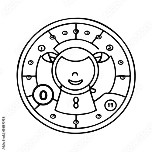Cartoon girl character in a spacesuit, standing in a circular playing area with numbers. Child-friendly illustration of a game or educational activity.