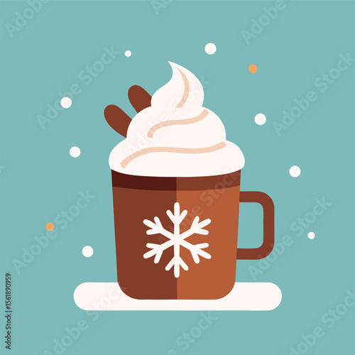 hot chocolate winter drink with whipped cream and snowflake mug flat illustration