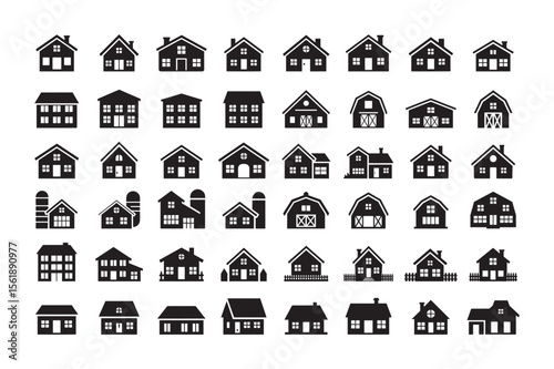 House and barn icon set. Collection of farm and home building silhouettes for real estate or countryside themes. Simple black vector graphics