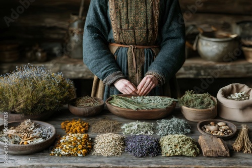Woman dressed in medieval attire, mixing dried herbs for traditional medicine on a rustic wooden table, surrounded by a warm, inviting interior that reflects ancient healing practices