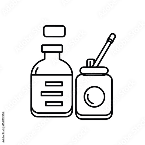 Medicine bottle and mate gourd illustration with labels. Simple line drawing of containers with a label. Generic medical product and beverage illustrations. no specific location.