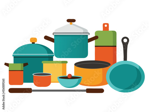 Collection of colorful cooking pots pans and bowls isolated on white background
