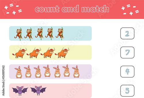 Education game for children count and match of cute wild animals. Educational game for kids. Printable worksheet. Vector Illustration