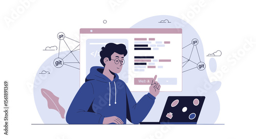Young Programmer Working On Laptop With Coding and Git Diagram At Home