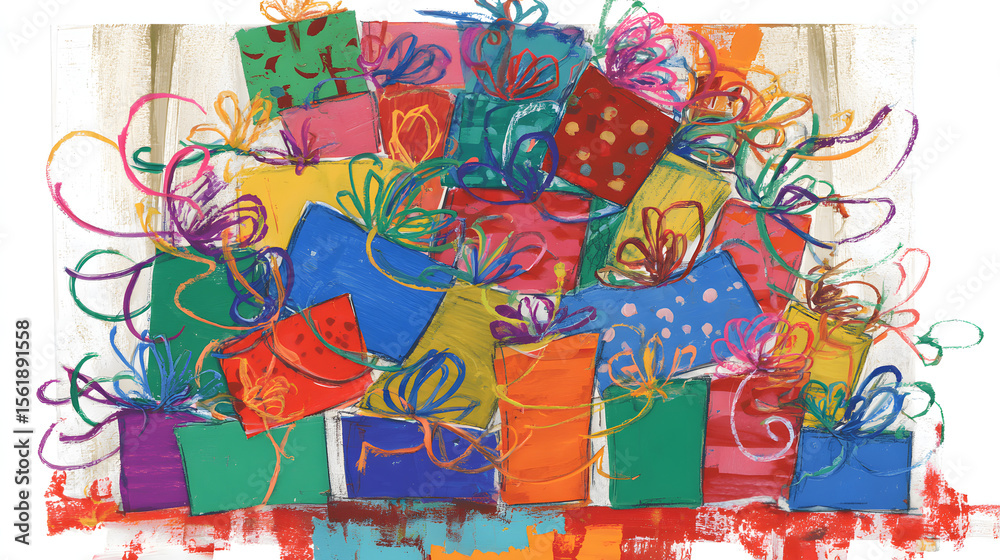 Fototapeta premium A joyful pile of colorful gift boxes tied with playful ribbons, evoking childhood excitement and wonder.