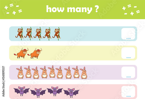 Count and match activity page for kids with cute wild animals. Elementary math for preschool and kindergarten. Vector illustration