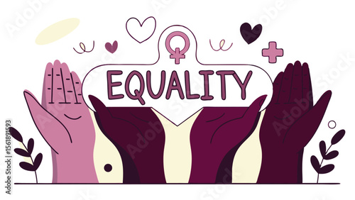 showing hands of different colors supporting equality with hearts and floral accents around it
