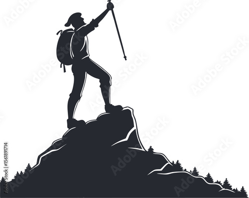 Silhouette of Mountain Climber Standing on Peak Holding Hiking Stick – Adventure Concept