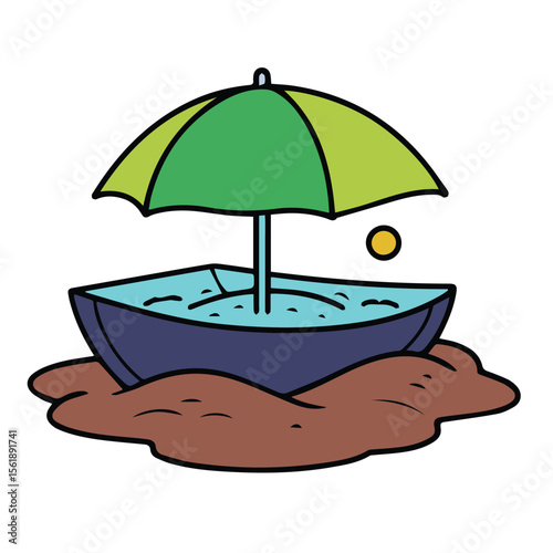 Cartoon beach boat with umbrella on sand