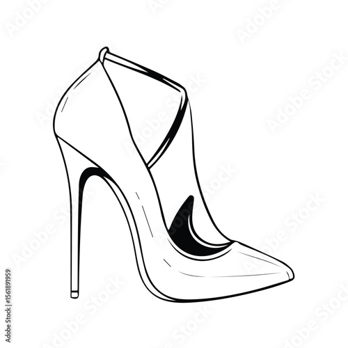 High-heeled shoe design for women in a fashion illustration style. Elegant, stylish shoe with a pointed toe and cross-ankle strap.
