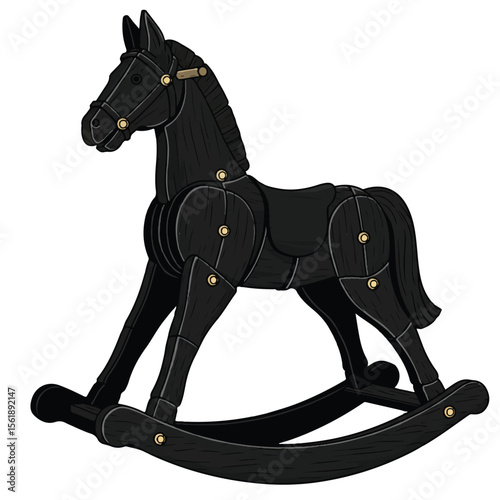 Vector art of a black wooden rocking horse, segmented parts shown individually, decorative vintage theme Adobe Illustrator Artwork