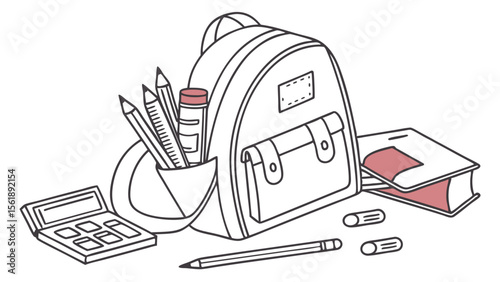 a backpack surrounded by school supplies including pencils and a calculator near a book