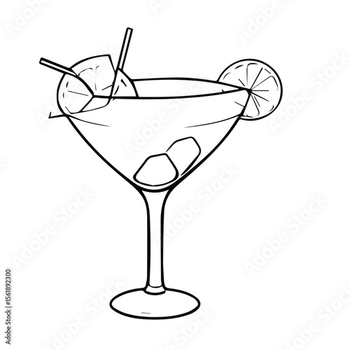 Hand-drawn martini glass filled with ice and garnished with orange slices. Elegant cocktail illustration.