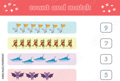 Education game for children count and match of cute wild animals. Educational game for kids. Printable worksheet. Vector Illustration