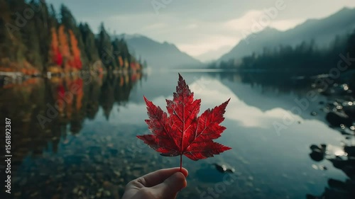 A hand holds a red maple leaf against a backdrop of a calm lake reflecting autumn foliage and distant mountains.