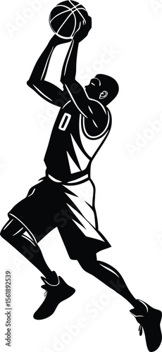 Silhouette of Basketball Player Jumping with Ball for a Slam Dunk or Shot