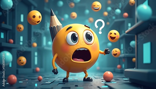 Surprised emoji character with a pencil stuck in its head surrounded by floating emojis