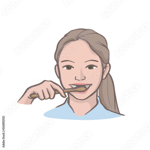 Eco-friendly_The woman(girl) brushing her teeth with wooden toothbrush