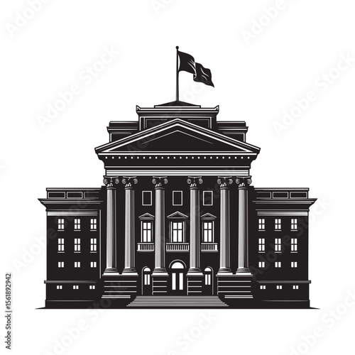 Monochrome vector illustration of a classical government building facade with flag
