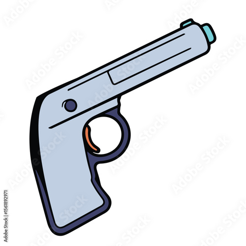 Cartoon illustration of a handgun in a grayscale color scheme, with pop art style. Handgun displayed in profile view.