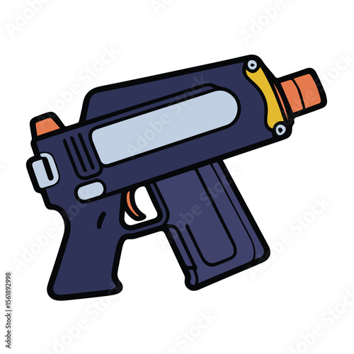 Cartoon illustration of a futuristic weapon with bold outlines and simple shapes. A stylized, fictional gun against a plain white backdrop.