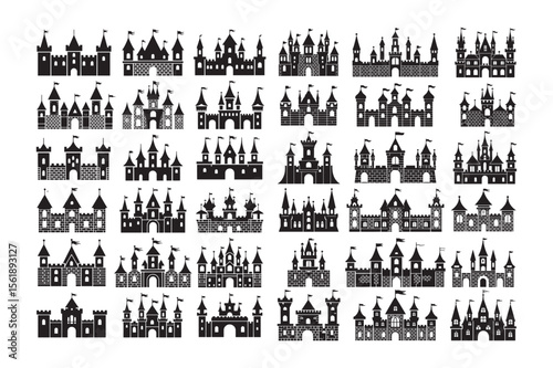 Medieval Castle Silhouette Icon Collection Vector Set