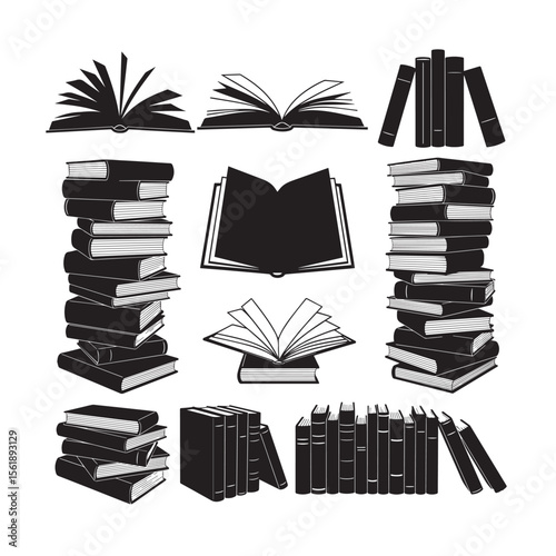 Black and white book silhouette collection stacked and open books vector set