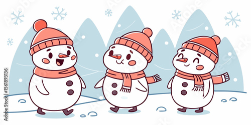 Fun cartoon snowman and Christmas tree illustration for winter holiday celebration