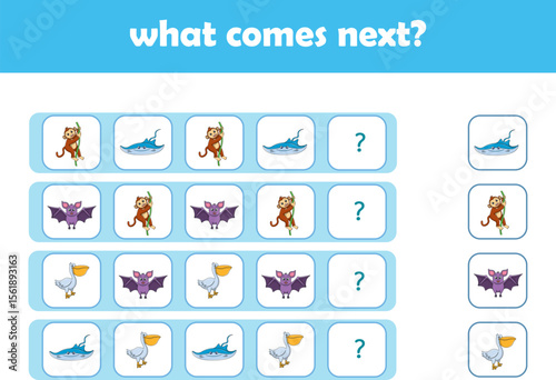 What comes next. Logical activity for preschool children with cute wild animals. Vector Illustration