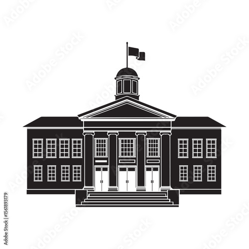 Black silhouette of a classic government building with a flag on top