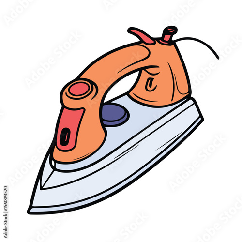 A simple illustration of a household iron, orange and light-blue colored, presented in a 2D graphic style. A modern, colorful household iron in a casual setting, ready for use.