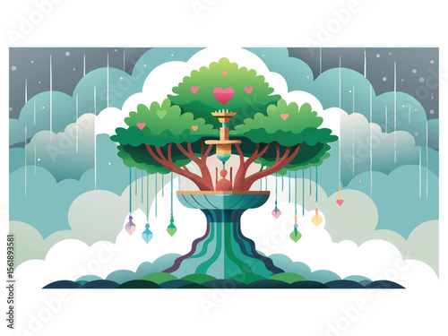 Whimsical fantasy tree with hearts and hanging jewels under a rainy sky isolated on white background
