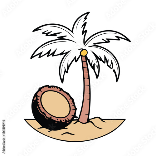 Coconut palm tree on a sandy beach. Simple, stylized image with a coconut resting beneath the palm tree. Tourist attraction. Tropical Island -
