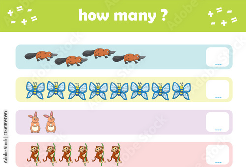 Count and match activity page for kids with cute wild animals. Elementary math for preschool and kindergarten. Vector illustration