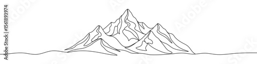 Black mountains in one line art style. Mountains drawing with editable black stroke on white background. Vector illustration.