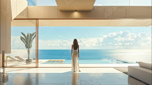 Young woman stands at luxury home interior and looks at sea alone, view of beach, window, concept of moder house
