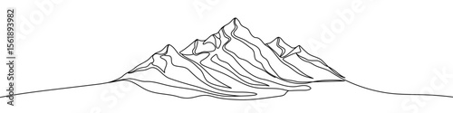 Black mountains in one line art style. Mountains drawing with editable black stroke on white background. Vector illustration.