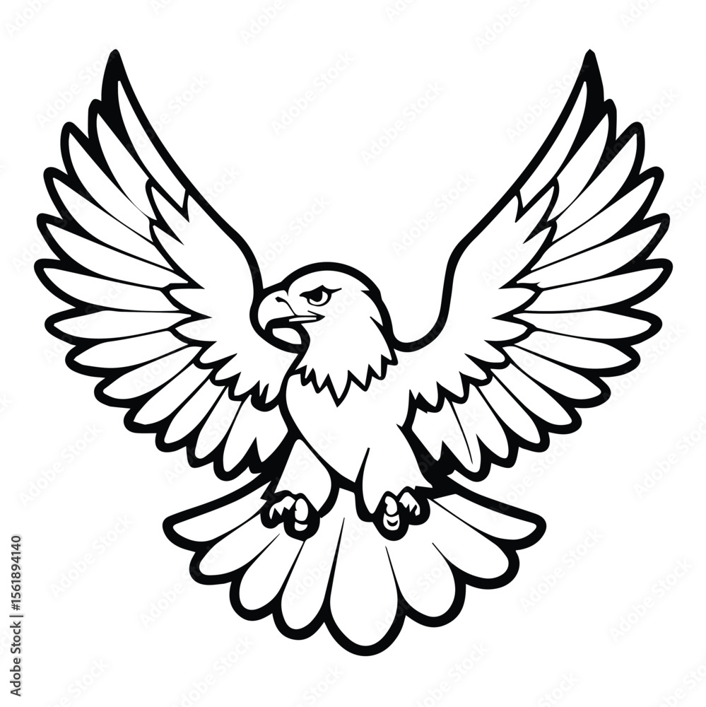 Obraz premium Bald eagle in flight against a plain white background. Majestic bird soars with outstretched wings, showcasing its powerful form.