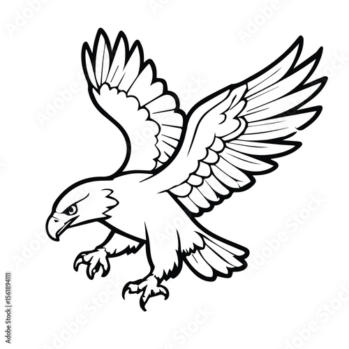 Bald eagle in flight, symbolic design. Powerful raptor in mid-air, showcasing majestic stance against a white background.