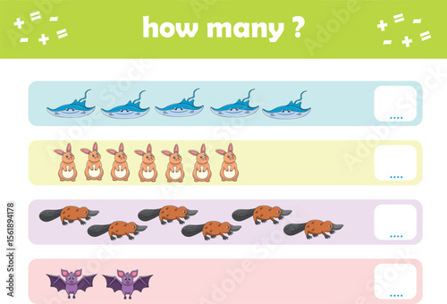 Count and match activity page for kids with cute wild animals. Elementary math for preschool and kindergarten. Vector illustration